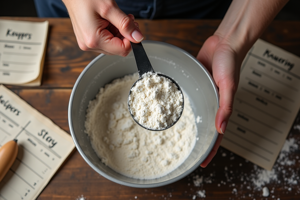 Mains versant de la farine dans un bol avec notes de recette rustiques
