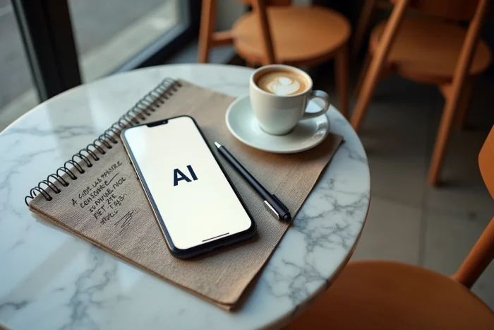 Vue aérienne d'un smartphone affichant l'interface de Nation AI en français avec un carnet de notes et un café expresso sur une table en marbre dans un café parisien